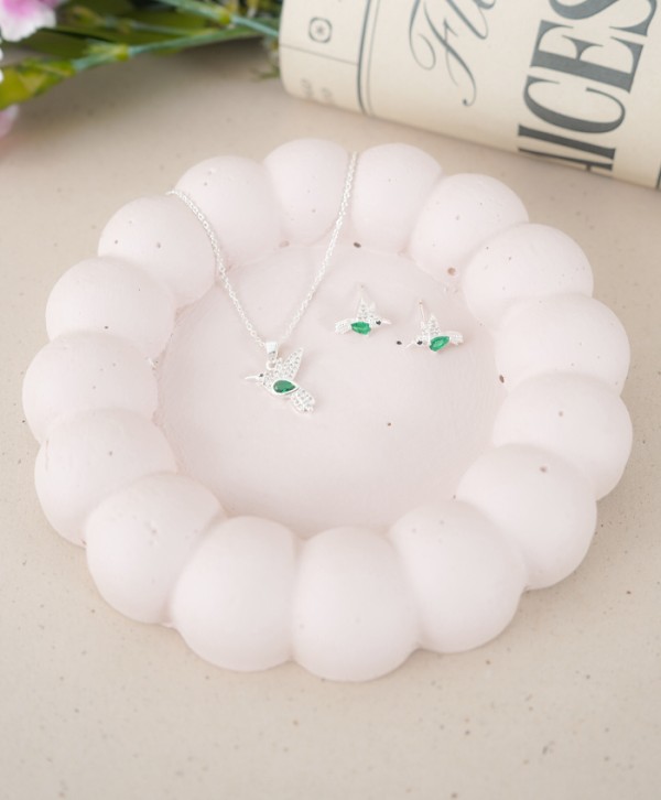 Set de aretes y collar colibrí plateado